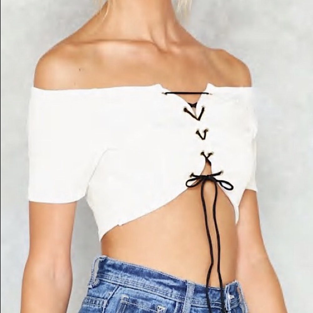 White Laced Up Cold Shoulder Bandeau Crop Top